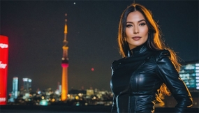 午夜灯塔建筑黑色紧身衣美女图片